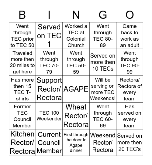 TEC 1-100 Reunion Bingo Card