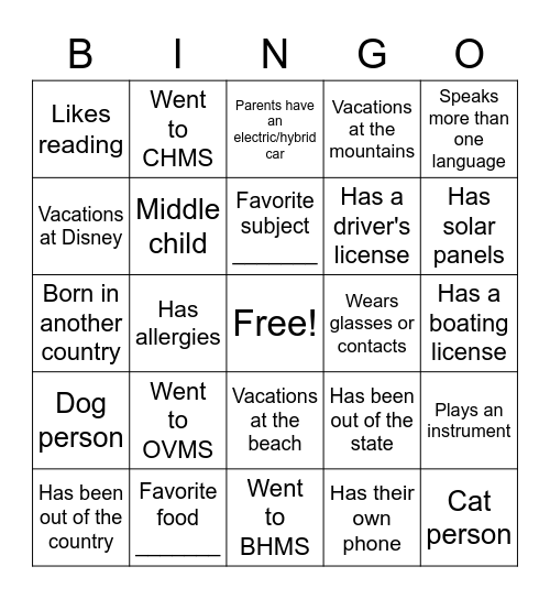 Get to Know You Bingo Card