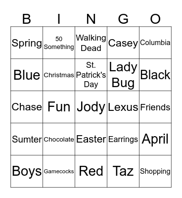 Jody's Birthday Bingo Card