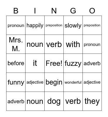 Parts of Speech Bingo Card