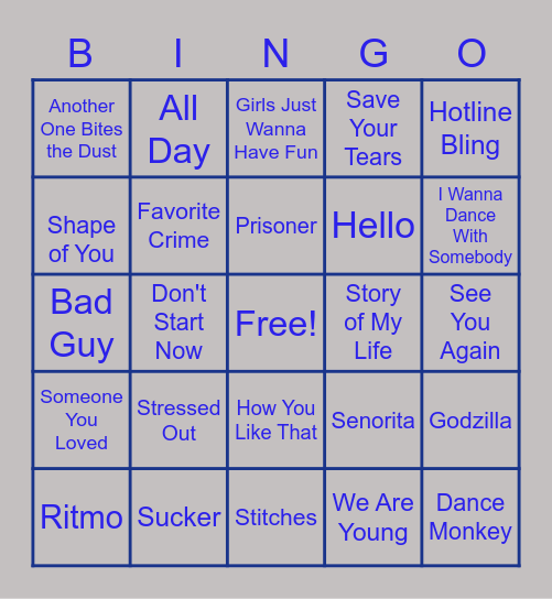 Name That Tune Bingo Card