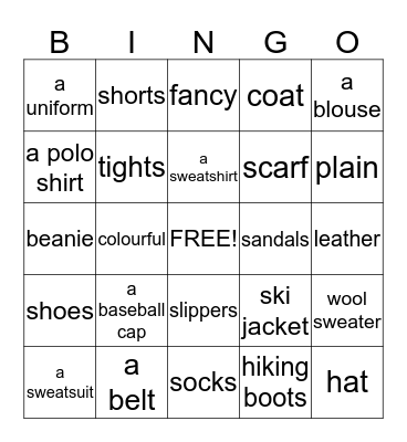 Clothing Bingo Card