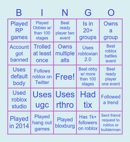 Roblox Bingo Game Bingo Card