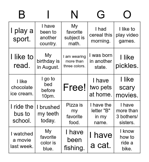 Find A Friend Bingo Card