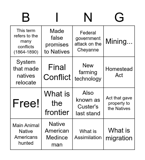 Plains and the West Bingo Card