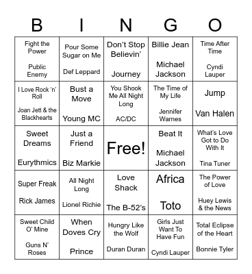 Totally 80's Bingo Card