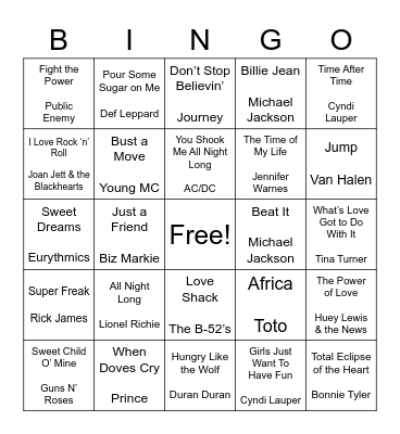 Totally 80's Music! Bingo Card