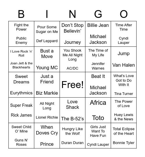 Totally 80's Music! Bingo Card