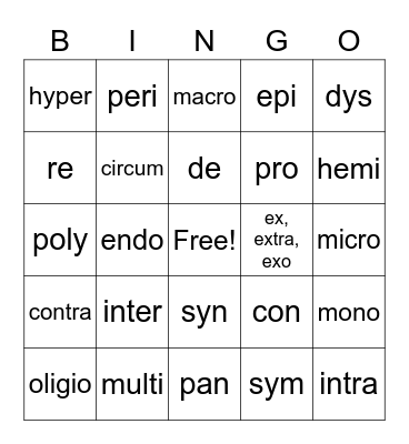 Prefix Bingo Card