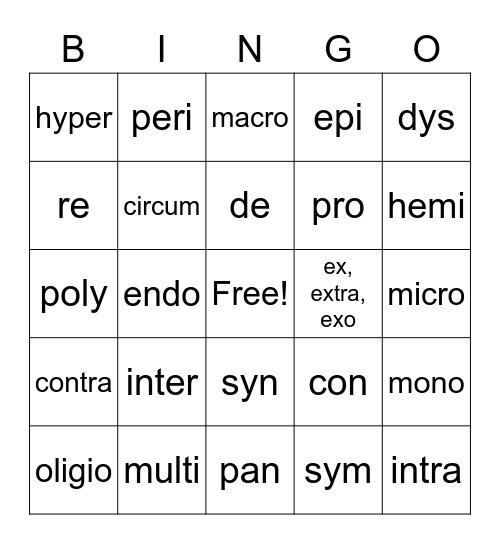Prefix Bingo Card