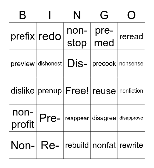 Prefix: Set #1 Bingo Card