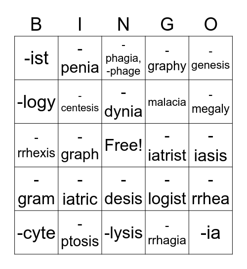 Suffix Bingo Card