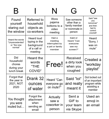 Working From Home BINGO Card