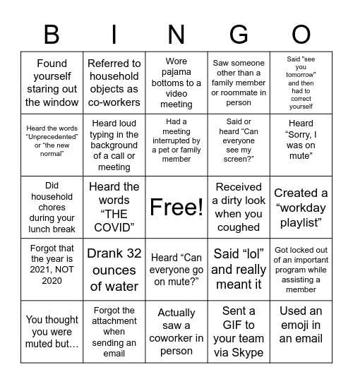 Working From Home BINGO Card