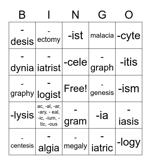 Suffix Bingo Card