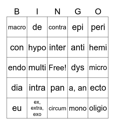 Prefix  Bingo Card