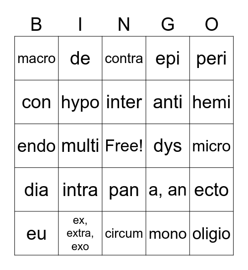 Prefix  Bingo Card