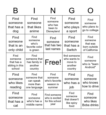Get to Know Your Classmates Bingo Card