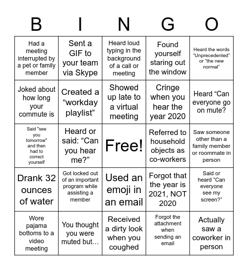 Work From Home BINGO Card