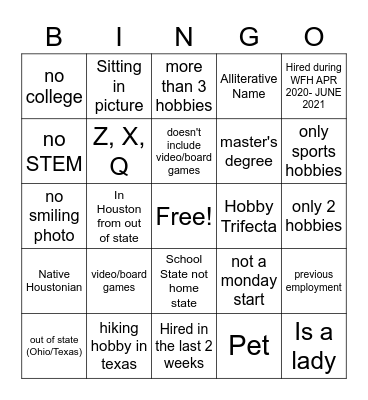 New Associate Bingo Card