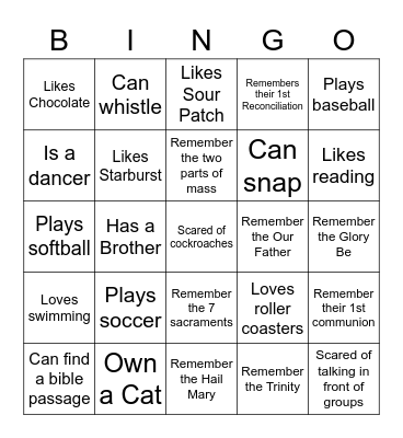 Sunday School Get to Know You Bingo - 5th Grade Bingo Card