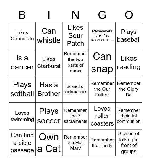 Sunday School Get to Know You Bingo - 5th Grade Bingo Card