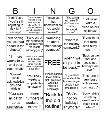 First Day Back At School Bingo Card