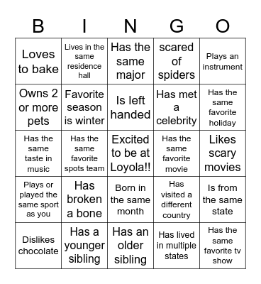Get to know you bingo Card