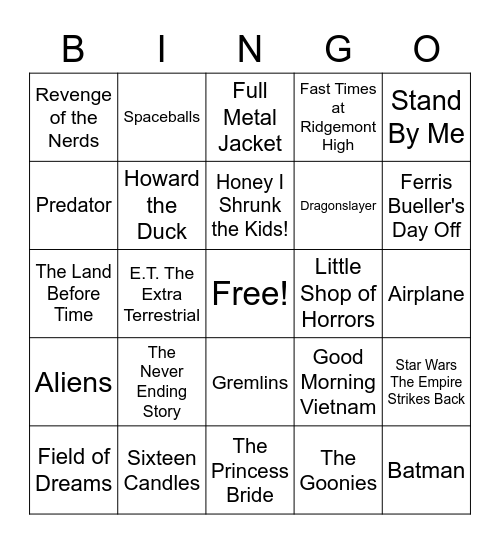 Totally 80's Movies Bingo Card