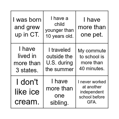 Team 6 BINGO Ice Breaker Bingo Card