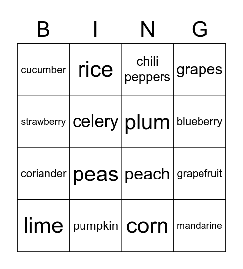 fruits, vegetables and grains Bingo Card