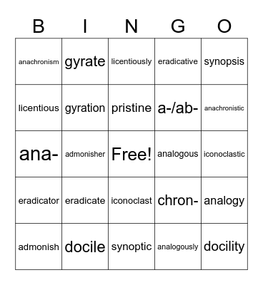 VOCABULARY #1 BINGO Card