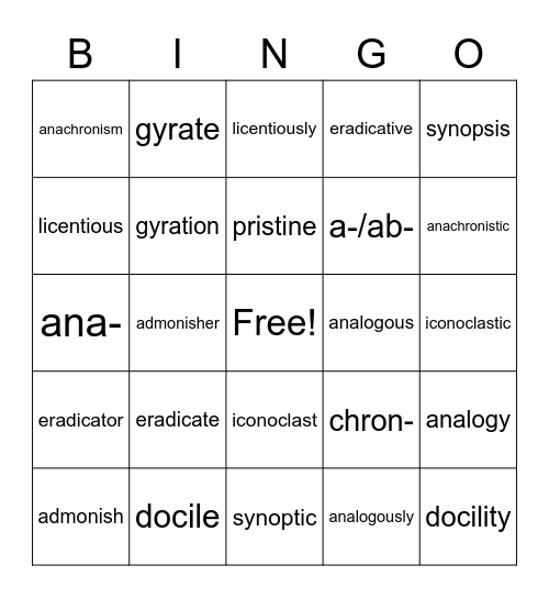 VOCABULARY #1 BINGO Card