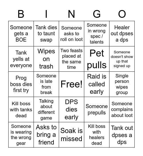 PR Raid Bingo Card