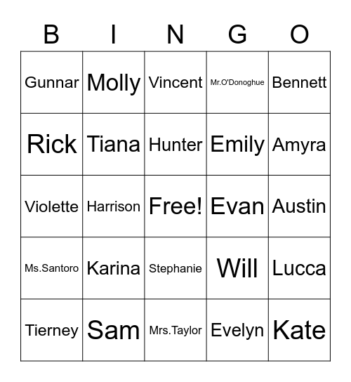 classroom bingo chart