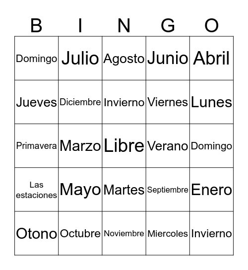 Days, Months, and Seasons Bingo Card
