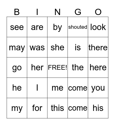 sight words Bingo Card