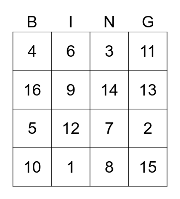 Number Bingo Card