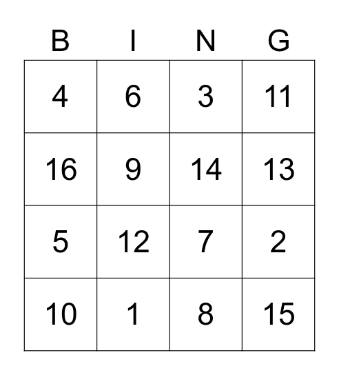 Number Bingo Card