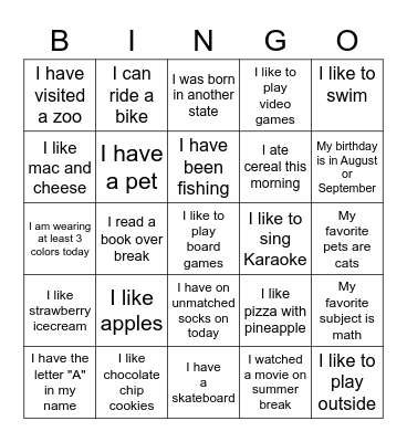 Getting to Know Your Classmates Bingo Card