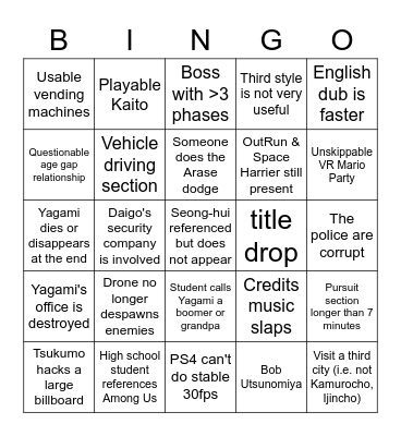 Lost Judgment Bingo Card
