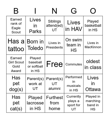 Class Introductions Bingo Card