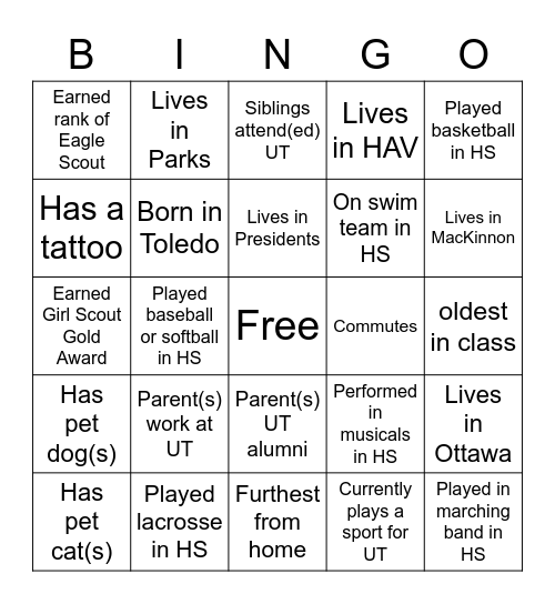 Class Introductions Bingo Card