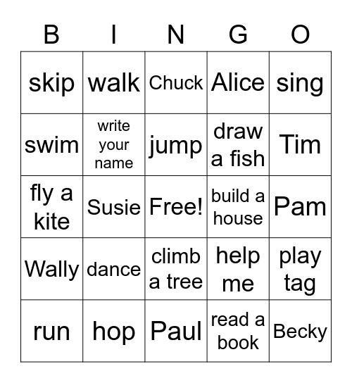 Unit 1 Verbs, Verb Phrases, and Characters Bingo Card