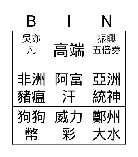 最近發生甚麼大事? Bingo Card