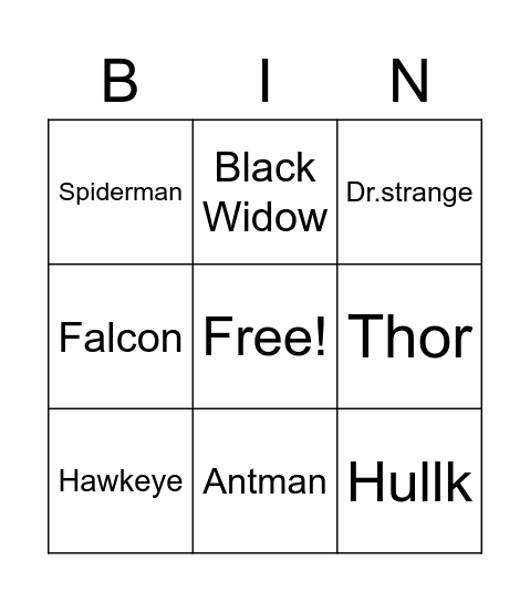 Avengers Bingo Card