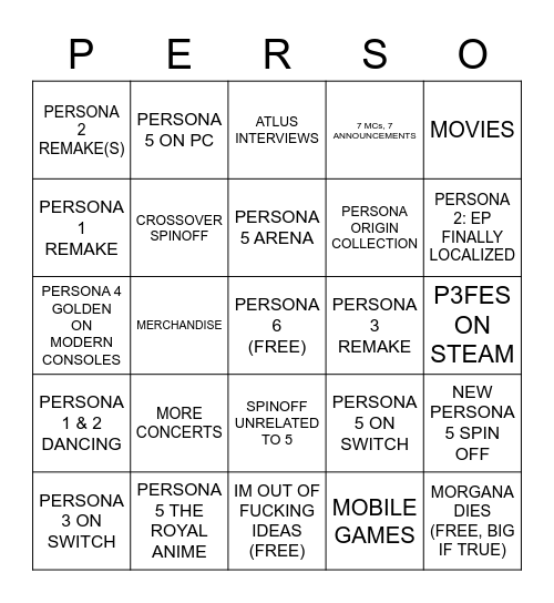 PERSONA Bingo Card