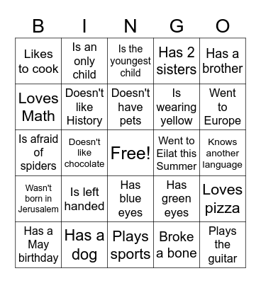 English Bingo Card