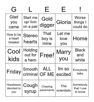Glee! Bingo Card