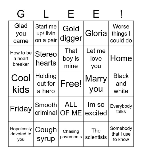 Glee! Bingo Card